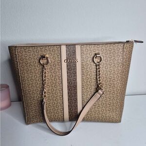 GUESS Beige Logo-Print Tote with Gold Chain Handles